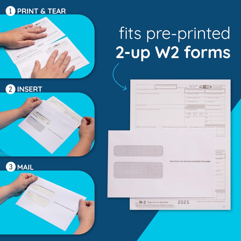 Blue Summit Supplies Blue Summit 50 W2 Envelopes 2025 Self Seal, W-2 Double Window Security Envelopes for 2 UP IRS Tax Forms from QuickBooks Online, Desktop, ADP and Other Software, 5 5/8â€™â€™ x 9â€™â€™, 50 Form Envelopes - Image 3